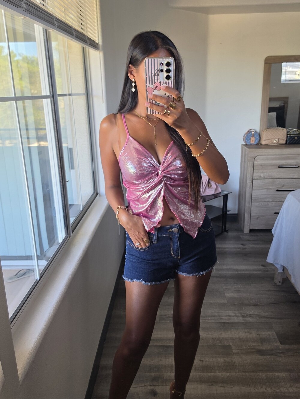 Shimmery Metallic Glitter Pink Barbie Twist-Front Cami Crop Top Stretchy